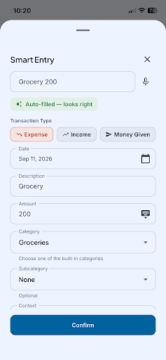 Money Timeline Smart Entry form auto-filled from the typed text “Grocery 200”