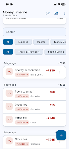 Money Timeline timeline screen listing recent expenses grouped by day